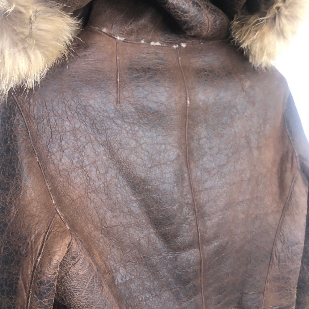 Blue Duck Leather Real Fur Bomber Coat Jacket M Brown Trim Medium - Picture 9 of 10
